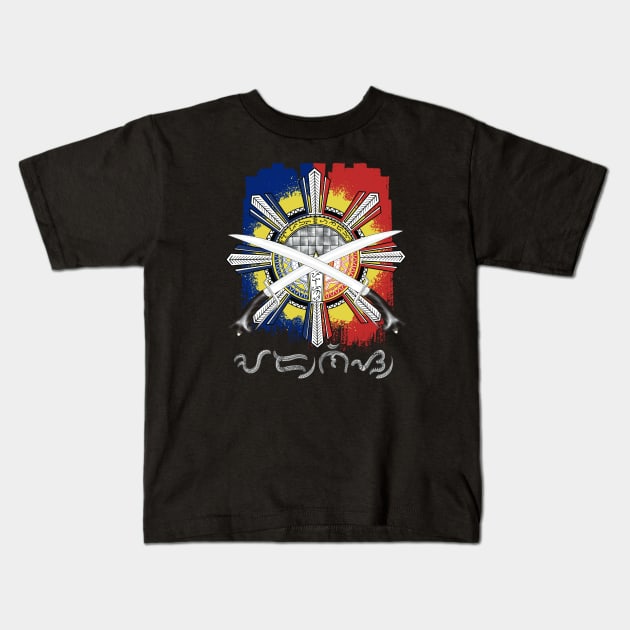 Philippine Flag Sun/ Ginunting sword/Baybayin word Arnis Kids T-Shirt by Pirma Pinas